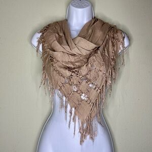 Indian taupe scarf with fringe and beads